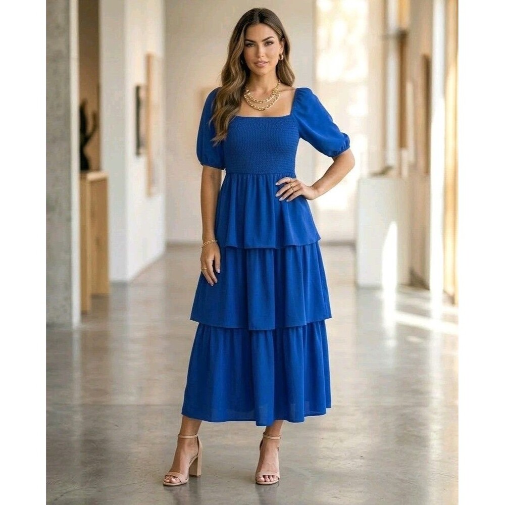 Basic Børn Royal Blue Tiered Maxi Dress XL Puff Sleeve Smocked Square Neck